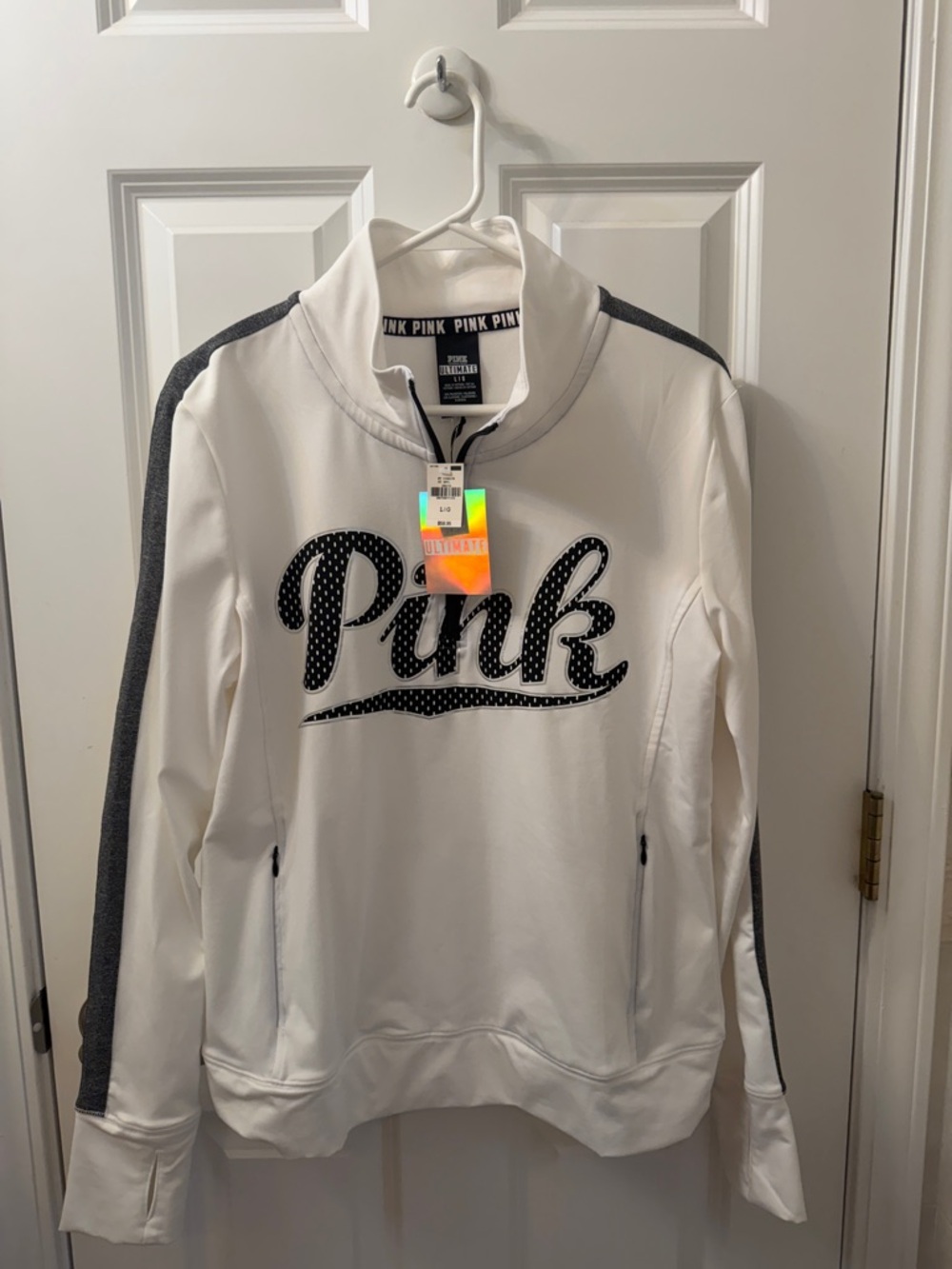 PINK Victoria's Secret White & Charcoal V-Neck Pullover, Women’s Size L